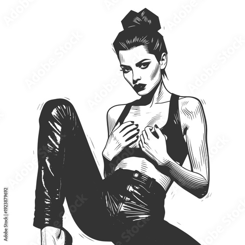 confident woman in leather jacket and corset, hands behind head, edgy pinup fashion style sketch engraving generative ai fictional character vector illustration. Scratch board. Black and white image.