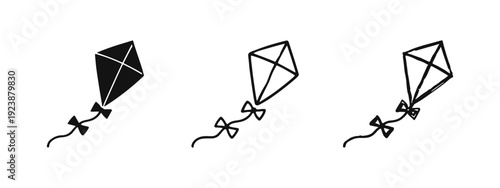 Simple Kite Icon Set with Solid, Outline, and Hand-Drawn Styles for Playful Design