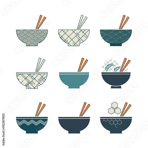 Japanese Ramen Bowls with Chopsticks - Minimalist Vector Illustration Set