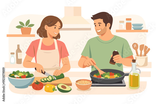 Couple cooking healthy dinner together in kitchen, home meal preparation illustration