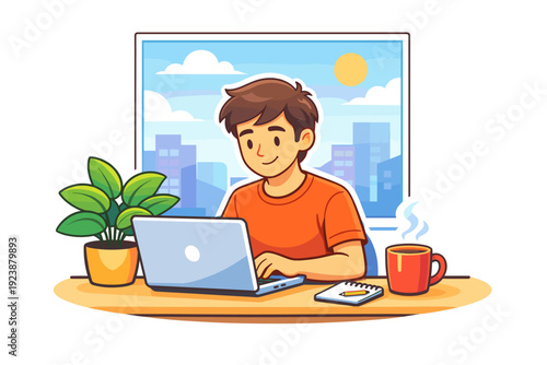 Freelancer working on laptop at home desk with city view window, remote work illustration