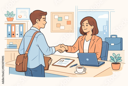Successful job interview handshake between candidate and HR manager in office illustration