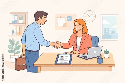 Job interview handshake between candidate and recruiter in office, hiring success illustration