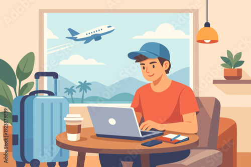 Digital nomad working on laptop in airport cafe with suitcase and airplane view, remote travel illustration