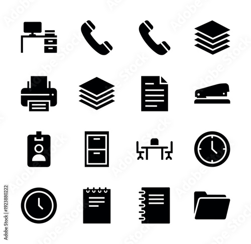 Collection of black office icons representing various business and administrative tools