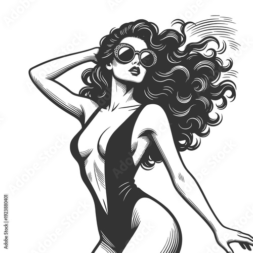 glamorous woman in one piece swimsuit wearing round sunglasses, windblown curly hair, summer fashion vibe sketch engraving generative ai vector illustration. Scratch board imitation. Black and white.