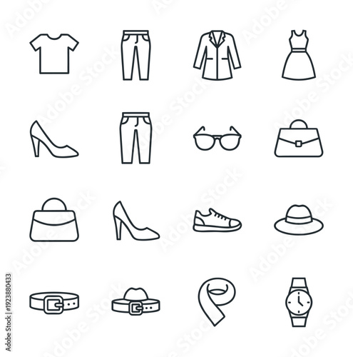 Collection of fashion icons representing clothing and accessories for a complete outfit