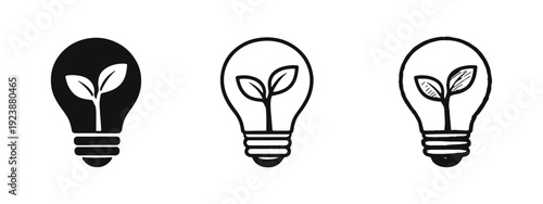 Green Energy Light Bulb Icons - Eco-Friendly Innovation and Sustainable Idea Symbols in Various Styles