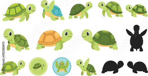 Cute Turtle Cartoon Character and Logo Badge Collection with Walking Baby Tortoise Silhouette Wildlife Flat Vector Illustration Set Police Stop