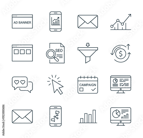 Digital marketing icons collection for online business growth and strategy planning