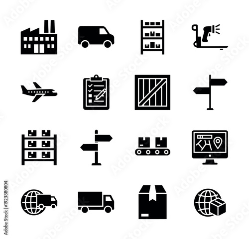 Collection of logistics and delivery icons representing various aspects of supply chain management