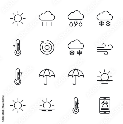 Collection of weather icons representing various meteorological conditions and forecasts