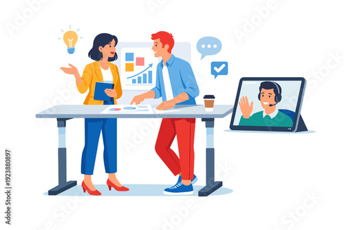 Business colleagues discussing analytics with remote coworker on video call, office collaboration illustration