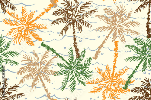 Camouflage seamless vector pattern. Green, brown, orange colors. Palm trees and sea waves. Tropical print, Hawaiian shirt, safari.