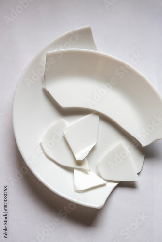 Broken white plate pieces scattered on a plain surface in a room during the day showing lost dining item