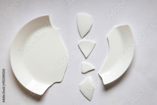 White plate and broken pieces shown on a plain surface after an accidental fall or mishap during handling by a person