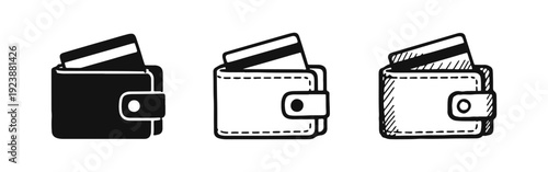 Wallet with Credit Card Icon Set, Representing Finance and Payment, Solid, Outline, and Hand-Drawn Styles