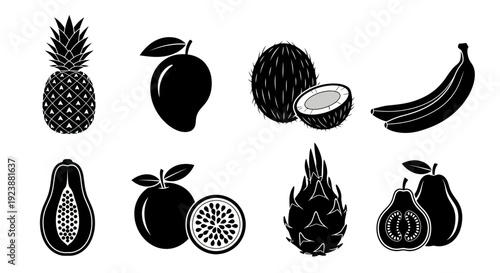 Exotic Tropical Fruits Black and White Silhouette Icons Collection. Glyphs for Food, Healthy Lifestyle, Summer, and Travel Design Elements