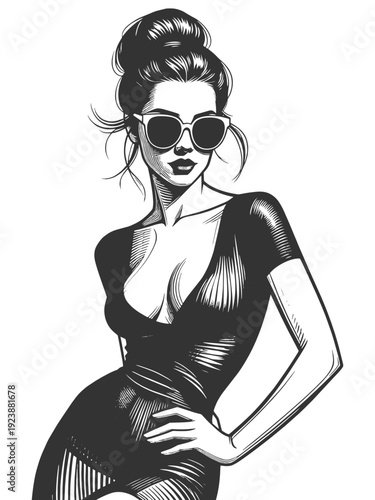 confident woman with hair bun and sunglasses, wearing fitted dress, hand on hip pose sketch engraving generative ai fictional character vector illustration. Scratch board imitation. Black and white.