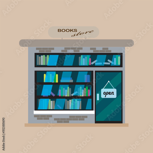 A books store front exterior view with shelves full of books and an open sign on the door.