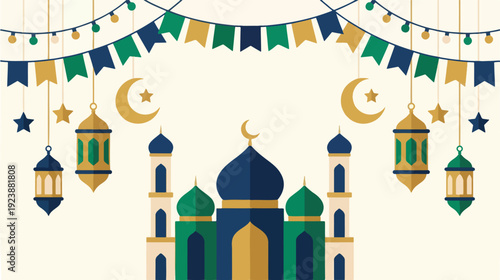 Festive Ramadan Kareem Illustration with Mosque and Traditional Arabic Lanterns