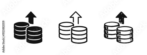 Coin Stacks with Upward Arrow Icon Set, Symbolizing Financial Growth and Investment, Solid, Outline, Hand-Drawn