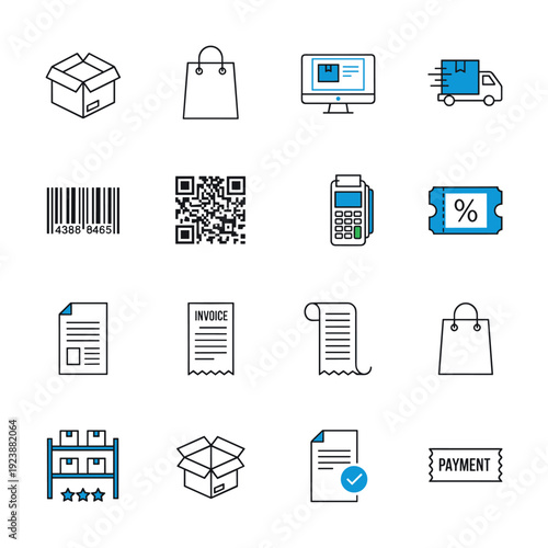 Set of e-commerce and delivery icons for online shopping and logistics