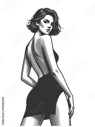 stylish woman in sleek dress looking over her shoulder, confident fashion pose sketch engraving generative ai fictional character vector illustration. Scratch board. Black and white.