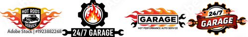 Garage Service Logos with Hot Rod Flames and Wrenches