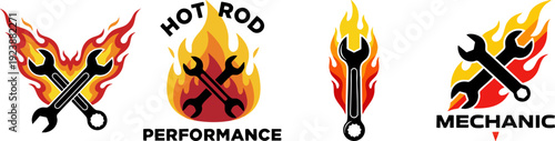 Flaming Wrenches Mechanic Performance Hot Rod Logos Set