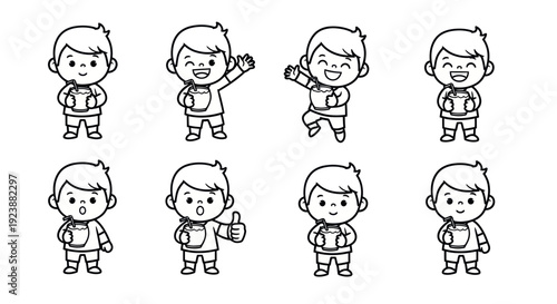 Black and White Line Art Cartoon Boys Drinking Beverages Vector Set. Happy Cute Kids in Various Poses with Cups and Straws, Children's Illustration.