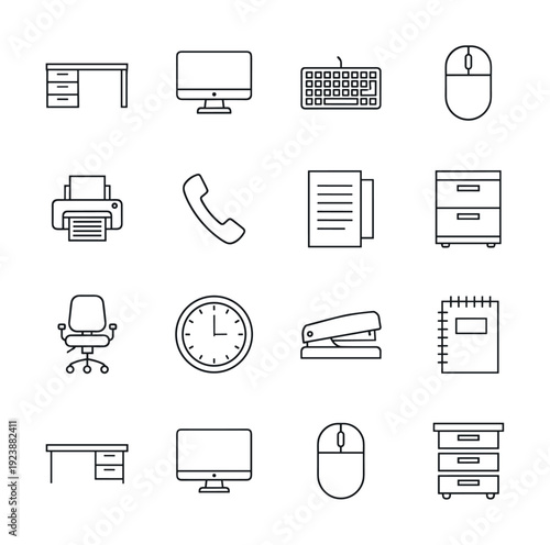Collection of office supplies and equipment icons in a clean, modern line art style