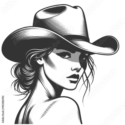beautiful cowgirl looking over shoulder in wide brim hat, western fashion vibe sketch engraving generative ai fictional character vector illustration. Scratch board imitation. Black and white image.