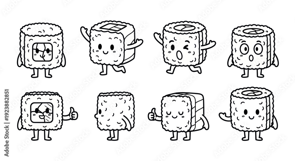 Fototapeta premium Cute Sushi Rolls Characters Doodle - Black and White Line Art Kawaii Food Icons Set for Japanese Cuisine and Restaurant Menus