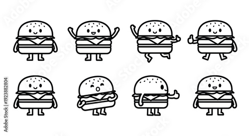 Black and White Line Art Cute Hamburger Food Characters Vector Illustration Set