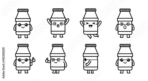 Happy Food  Dairy Drink Bottle Characters in Black and White Line Art. Cute Probiotic Beverage Mascots Vector Collection with Kawaii Expressions.