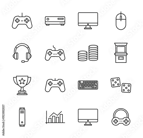 Collection of modern gaming icons representing various aspects of digital entertainment and competition