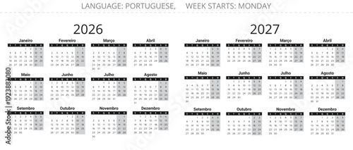 Portuguese calendar template set 2026 and 2027, Portugal vector yearly planner collection