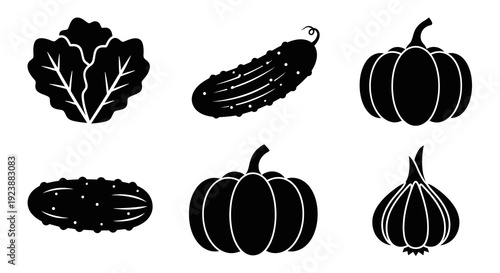 Food Industry  Healthy Eating Glyph Vegetables Vector Icon Set - Black  White Silhouette Art of Lettuce, Cucumber, Pumpkin, Garlic for Agriculture