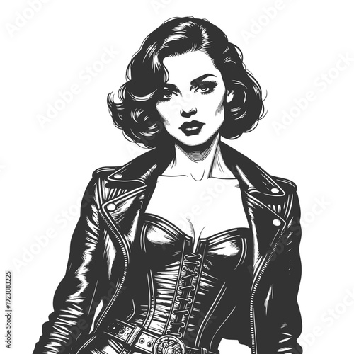 confident woman in leather jacket and corset, hands behind head, edgy pinup fashion style sketch engraving generative ai fictional character vector illustration. Scratch board. Black and white image.