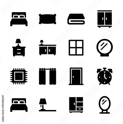 Collection of bedroom and home interior furniture and decor icons