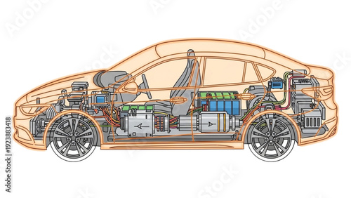 Detailed vehicle autocad blueprint illustration showcasing internal components and mechanical parts of a modern electric car