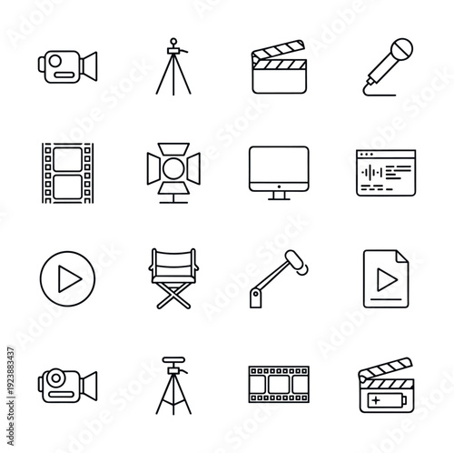Collection of film and video production icons in a clean, modern line art style