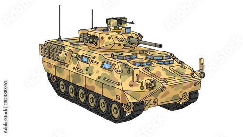 Detailed vehicle autocad blueprint of a modern armored military tank from a three-quarter view showcasing its camouflage design and technical specifications