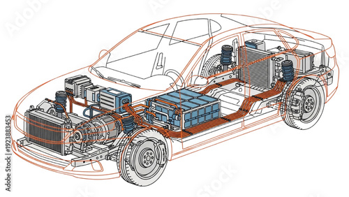 Detailed vehicle autocad blueprint illustrating complex mechanical components and systems within a car's transparent body