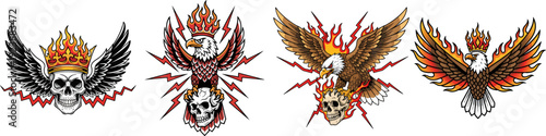 Fierce Eagle Skull Art Set with Crowns Flames and Lightning