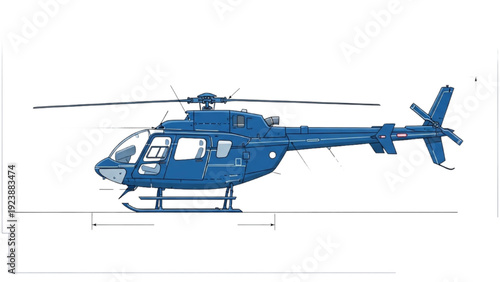 Detailed vehicle autocad blueprint of a blue helicopter viewed from the side