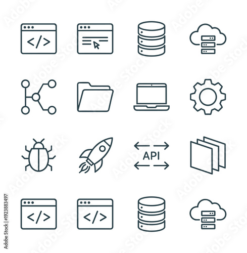 Collection of technology and programming icons for digital services and software development