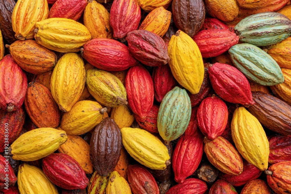 Fototapeta premium Vibrant Cacao Fruit Pods Surface. Natural Beauty. Heap of whole cocoa pods. Colorful cacao beans pile background. Fresh aromatic food backdrop. Chocolate production industry concept. Creative layout