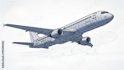 Detailed vehicle autocad blueprint of an airplane in flight viewed from the side